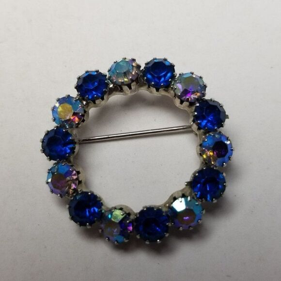 Vintage Sparkly Blue Two Tone Rhinestone Circle Brooch, AB Lapel Pin, Estate - Picture 2 of 6